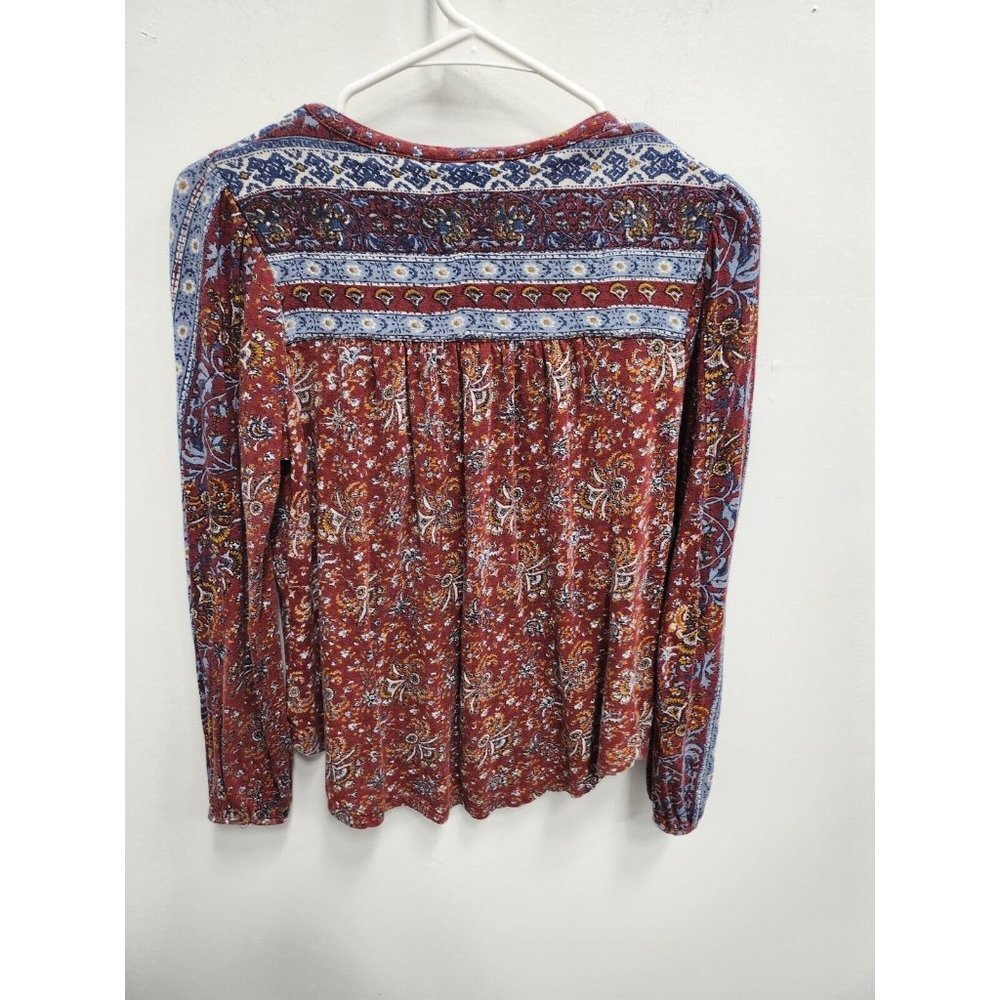 Lucky Brand Womens Blouse Small Maroon Blue Tie Neck Beaded Long Sleeve BOHO - Picture 2 of 6